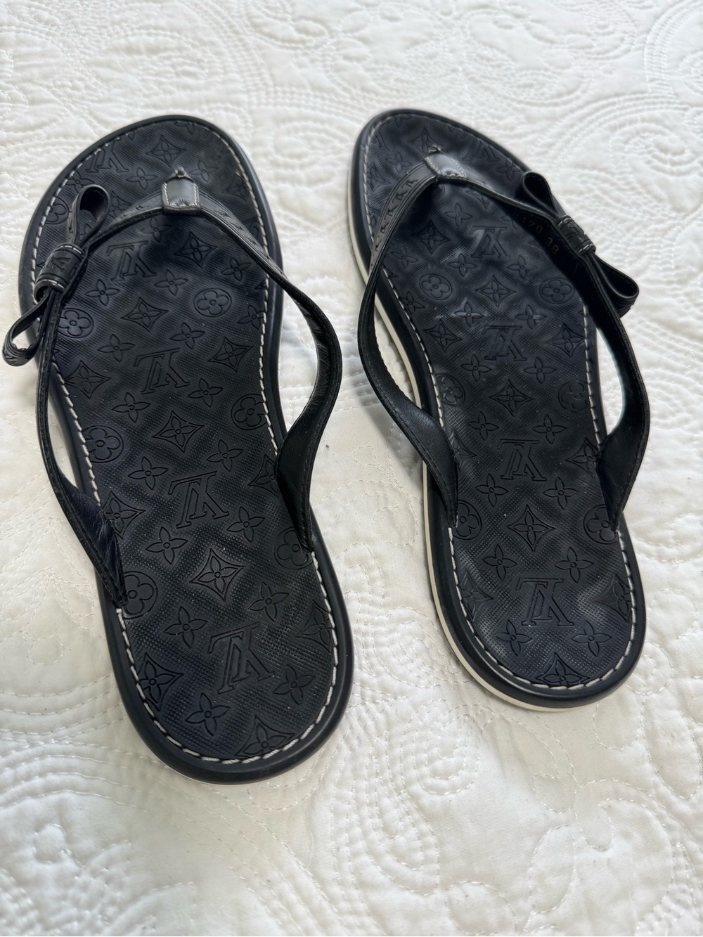 Black Women's Flip Flop Sandals - Designer Embossed Style. Authentic